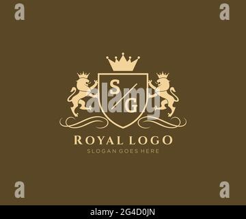 SG Letter Lion Royal Luxury Heraldic,Crest Logo template in vector art for Restaurant, Royalty, Boutique, Cafe, Hotel, Heraldic, Jewelry, Fashion and Stock Vector