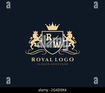 RW Letter Lion Royal Luxury Heraldic,Crest Logo template in vector art for Restaurant, Royalty, Boutique, Cafe, Hotel, Heraldic, Jewelry, Fashion and Stock Vector