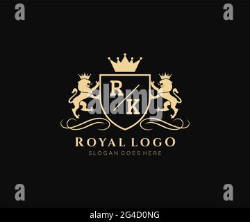RK Letter Lion Royal Luxury Heraldic,Crest Logo template in vector art for Restaurant, Royalty, Boutique, Cafe, Hotel, Heraldic, Jewelry, Fashion and Stock Vector