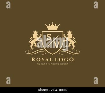 SV Letter Lion Royal Luxury Heraldic,Crest Logo template in vector art for Restaurant, Royalty, Boutique, Cafe, Hotel, Heraldic, Jewelry, Fashion and Stock Vector