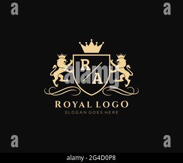 RA Letter Lion Royal Luxury Heraldic,Crest Logo template in vector art for Restaurant, Royalty, Boutique, Cafe, Hotel, Heraldic, Jewelry, Fashion and Stock Vector