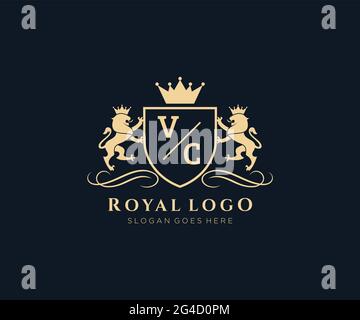 VC Letter Lion Royal Luxury Heraldic,Crest Logo template in vector art for Restaurant, Royalty, Boutique, Cafe, Hotel, Heraldic, Jewelry, Fashion and Stock Vector