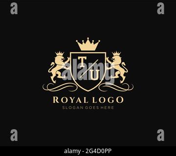 TU Letter Lion Royal Luxury Heraldic,Crest Logo template in vector art for Restaurant, Royalty, Boutique, Cafe, Hotel, Heraldic, Jewelry, Fashion and Stock Vector