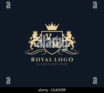 VM Letter Lion Royal Luxury Heraldic,Crest Logo template in vector art for Restaurant, Royalty, Boutique, Cafe, Hotel, Heraldic, Jewelry, Fashion and Stock Vector