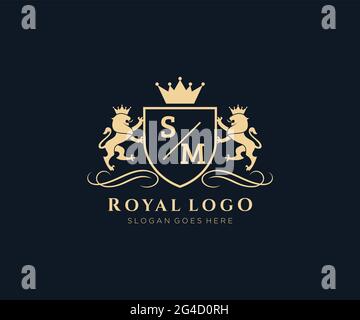 SM Letter Lion Royal Luxury Heraldic,Crest Logo template in vector art for Restaurant, Royalty, Boutique, Cafe, Hotel, Heraldic, Jewelry, Fashion and Stock Vector