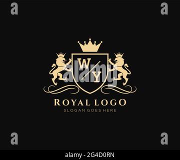 WY Letter Lion Royal Luxury Heraldic,Crest Logo template in vector art for Restaurant, Royalty, Boutique, Cafe, Hotel, Heraldic, Jewelry, Fashion and Stock Vector