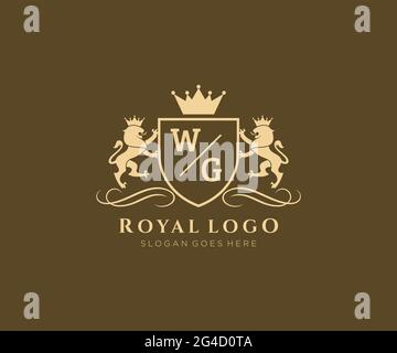 WG Letter Lion Royal Luxury Heraldic,Crest Logo template in vector art for Restaurant, Royalty, Boutique, Cafe, Hotel, Heraldic, Jewelry, Fashion and Stock Vector