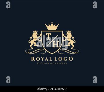 TH Letter Lion Royal Luxury Heraldic,Crest Logo template in vector art for Restaurant, Royalty, Boutique, Cafe, Hotel, Heraldic, Jewelry, Fashion and Stock Vector