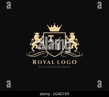TI Letter Lion Royal Luxury Heraldic,Crest Logo template in vector art for Restaurant, Royalty, Boutique, Cafe, Hotel, Heraldic, Jewelry, Fashion and Stock Vector