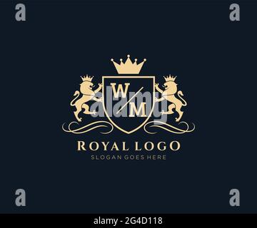 WM Letter Lion Royal Luxury Heraldic,Crest Logo template in vector art for Restaurant, Royalty, Boutique, Cafe, Hotel, Heraldic, Jewelry, Fashion and Stock Vector