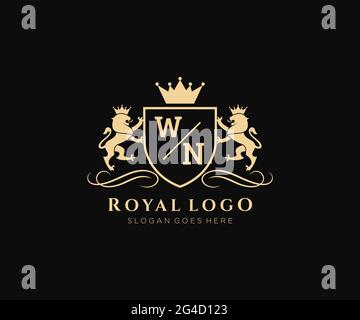 WN Letter Lion Royal Luxury Heraldic,Crest Logo template in vector art for Restaurant, Royalty, Boutique, Cafe, Hotel, Heraldic, Jewelry, Fashion and Stock Vector