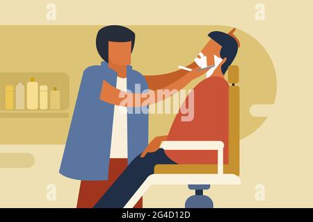 Illustration of a man getting shaved in a traditional barber shop Stock Vector