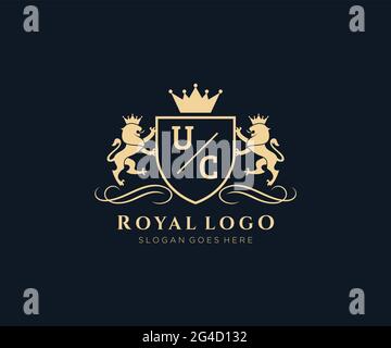 UC Letter Lion Royal Luxury Heraldic,Crest Logo template in vector art for Restaurant, Royalty, Boutique, Cafe, Hotel, Heraldic, Jewelry, Fashion and Stock Vector