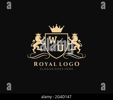WU Letter Lion Royal Luxury Heraldic,Crest Logo template in vector art for Restaurant, Royalty, Boutique, Cafe, Hotel, Heraldic, Jewelry, Fashion and Stock Vector