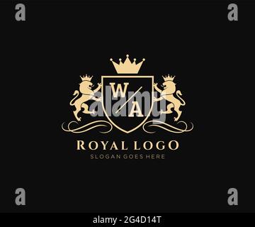WA Letter Lion Royal Luxury Heraldic,Crest Logo template in vector art for Restaurant, Royalty, Boutique, Cafe, Hotel, Heraldic, Jewelry, Fashion and Stock Vector