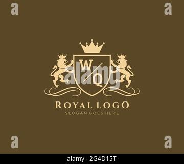 WQ Letter Lion Royal Luxury Heraldic,Crest Logo template in vector art for Restaurant, Royalty, Boutique, Cafe, Hotel, Heraldic, Jewelry, Fashion and Stock Vector