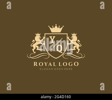 YQ Letter Lion Royal Luxury Heraldic,Crest Logo template in vector art for Restaurant, Royalty, Boutique, Cafe, Hotel, Heraldic, Jewelry, Fashion and Stock Vector