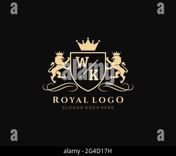 WK Letter Lion Royal Luxury Heraldic,Crest Logo template in vector art for Restaurant, Royalty, Boutique, Cafe, Hotel, Heraldic, Jewelry, Fashion and Stock Vector