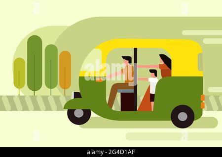Illustration of an auto rickshaw with passengers in the city. Stock Vector