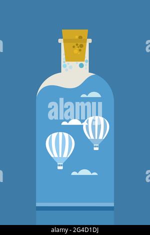 Conceptual image of hot air balloons in a cloudy sky inside a closed bottle Stock Vector