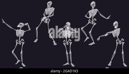 Skeletons dance, funny Halloween or Mexican Dia de Los Muertos dead characters dancing, skulls and bones moving body at music rhythm, disco party, human anatomical Cartoon vector illustration, set Stock Vector