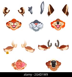 Animal face masks for social networks, selfie photo or video chat filter. Cute tiger, rabbit, fox and cow or deer muzzles, ears, noses and fur elements isolated on white background, cartoon vector set Stock Vector