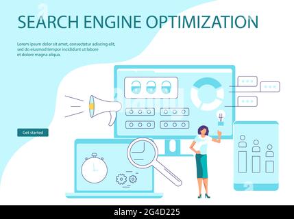 Landing webpage template of SEO Optimization. Web app develop, page layout, program software optimization, seo or analytic concept. Flat Art Vector Il Stock Vector