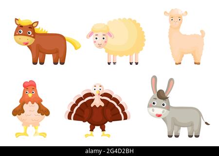 Set of farm animals in cartoon style. Cute animals characters for kids cards, baby shower, birthday invitation, house interior. Bright colored childis Stock Vector