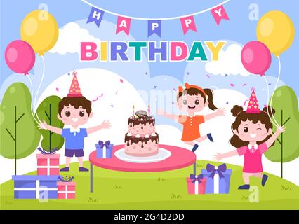 Happy Birthday Party Celebrating Illustration with Balloon, Hats, Confetti, Gift and Cake. For Making Card, Invitations, Photo Frames and Backgrounds Stock Vector