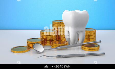 Gold coins money and a tooth with a dental mirror. Expensive dental treatment. Dental insurance. Blue background. 3d render. Stock Photo