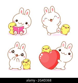 Set of kawaii bunny and duckling. Cute little duck and rabbit friends with heart, read a book, rejoicing, playing. Vector illustration EPS8 Stock Vector