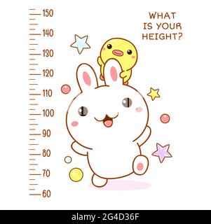 Height chart with kawaii bunny and duckling. Kids meter with cute little duck and rabbit friends. Inscription - What is your height? Meter wall or bab Stock Vector