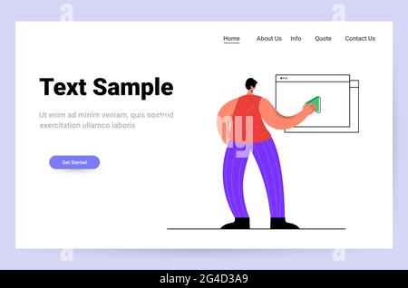 businessman pushing start button to run video player online cinema watching and sharing movie concept Stock Vector