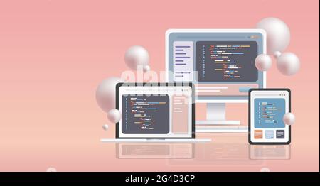 web development programmer engineering coding website programming software apps for different devices cross platform Stock Vector