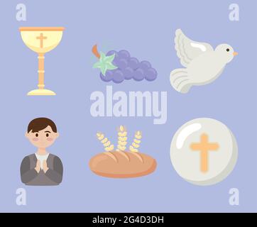 first communion set six icons Stock Vector