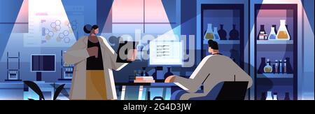 researchers team working on computer and making chemical experiments in laboratory molecular engineering Stock Vector