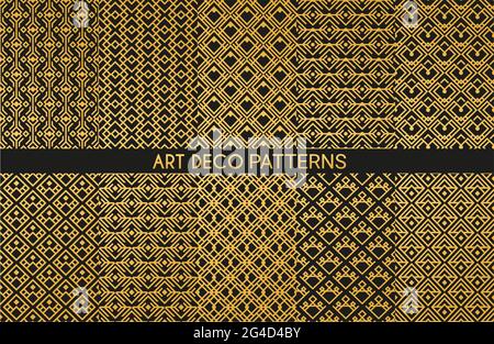 Art deco golden ornaments seamless patterns. Abstract geometric vector decor with diamond shape tiles, fabric print templates with luxury beige rhombu Stock Vector
