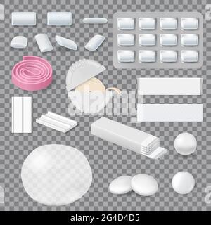 Chewing gum mockups, stripes, tablets in blister pack and roll in container. Realistic vector bubble gum sticks, ball and white chewing gum slab, infl Stock Vector