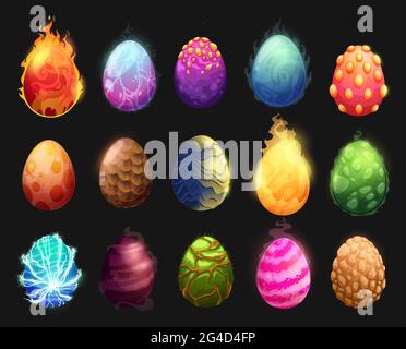 Cartoon dinosaur eggs vector set. Dragon eggs with colorful textured shell burning fire, pimpled, glowing scales and power energy lightnings or spiral Stock Vector