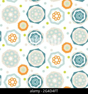 Summer tropical circle seamless pattern. Bright retro geo dot for digital scrapbook paper and repeat kid design. Fun masculine shirt textile swatch in Stock Vector