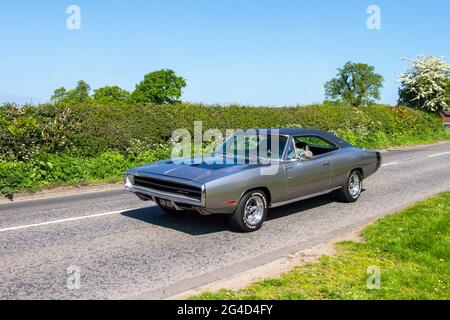 1970 70s grey American Dodge Charger 6300cc muscle car en-route to Capesthorne Hall classic May car show, Cheshire, UK Stock Photo