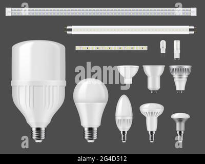 LED lamps and light strips mockup. Modern illumination high efficient bulbs and tubes, various shape and sizes, bases types lighbulbs with SMD diodes, Stock Vector
