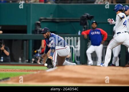 June 19th, 2021: Minnesota Twins first baseman Miguel Sano (22) catches the ball for an out at first base.during a game between the Minnesota Twins and the Texas Rangers at Globe Life Field in Arlington, Texas.Manny Flores/Cal Sport Media Stock Photo