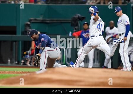 June 19th, 2021: Minnesota Twins first baseman Miguel Sano (22) catches the ball for an out at first base.during a game between the Minnesota Twins and the Texas Rangers at Globe Life Field in Arlington, Texas.Manny Flores/Cal Sport Media Stock Photo