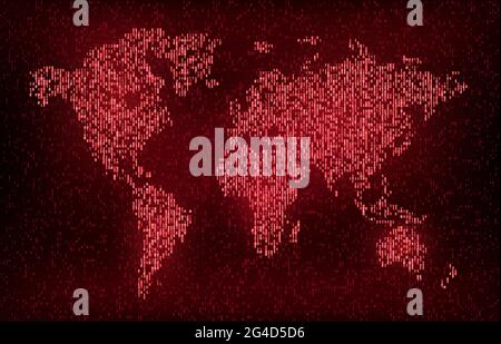 Digital binary code vector world map, cyber digital and future technology background. Futuristic Earth globe map with red glowing 1 and 0 numbers, abs Stock Vector