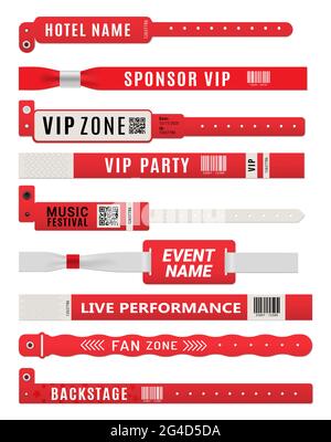 Wristband bracelets, event entrance pass mockup. Plastic tags, bands for arm or security badge vector templates. Music festival, VIP party invitation, Stock Vector