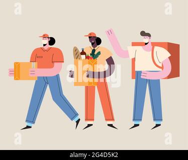 delivery three workers and customers Stock Vector
