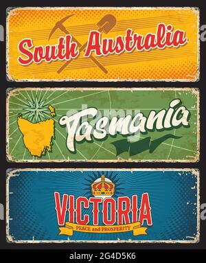 South Australia, Tasmania and Victoria states, Australian island and states vintage plates. Vector map of Tasmania island, crown, antique wind rose, m Stock Vector