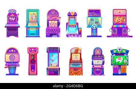 Cartoon slot and arcade gaming machines. Casino and kids entertainment center gambling machines, vector one arm bandit, bowling and basketball, racing Stock Vector