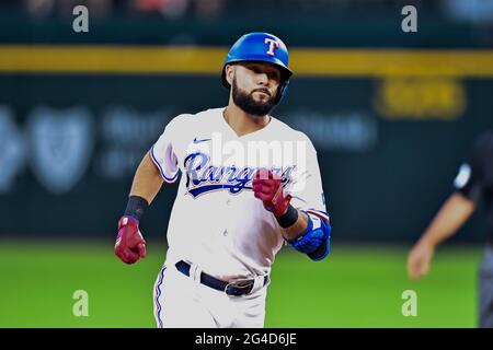 June 19th, 2021: Texas Rangers third baseman Isiah Kiner-Falefa (9) hits a two run homer.during a game between the Minnesota Twins and the Texas Rangers at Globe Life Field in Arlington, Texas.Manny Flores/Cal Sport Media Stock Photo